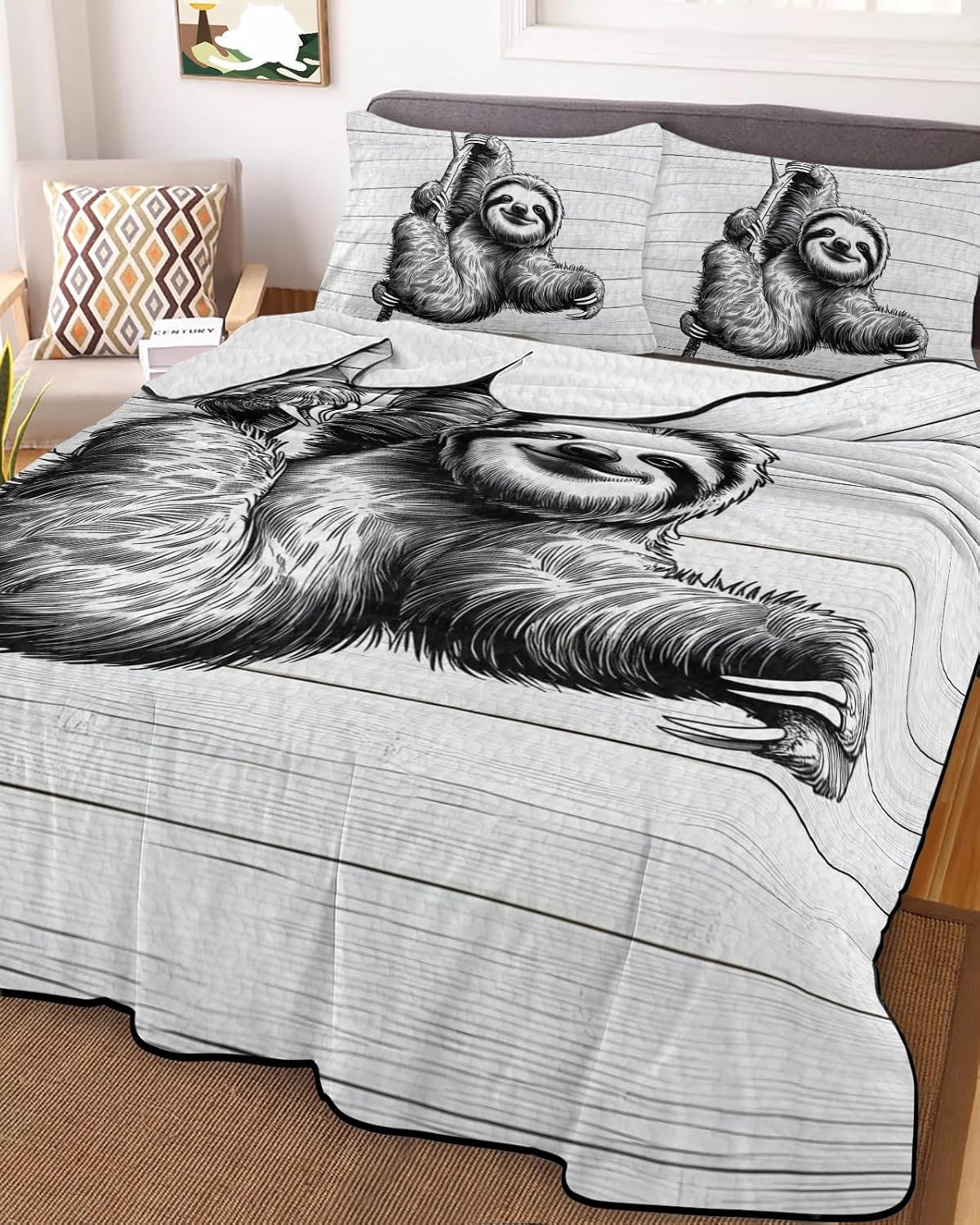 Full Size Quilt Set, Abstract Vintage Grey Lazy Animals Lightweight Bedspread Coverlet Set Soft Microfiber Summer Quilt with 2 Pillow Shams, Retro Wood Board 3 Piece Comforter Bedding Set