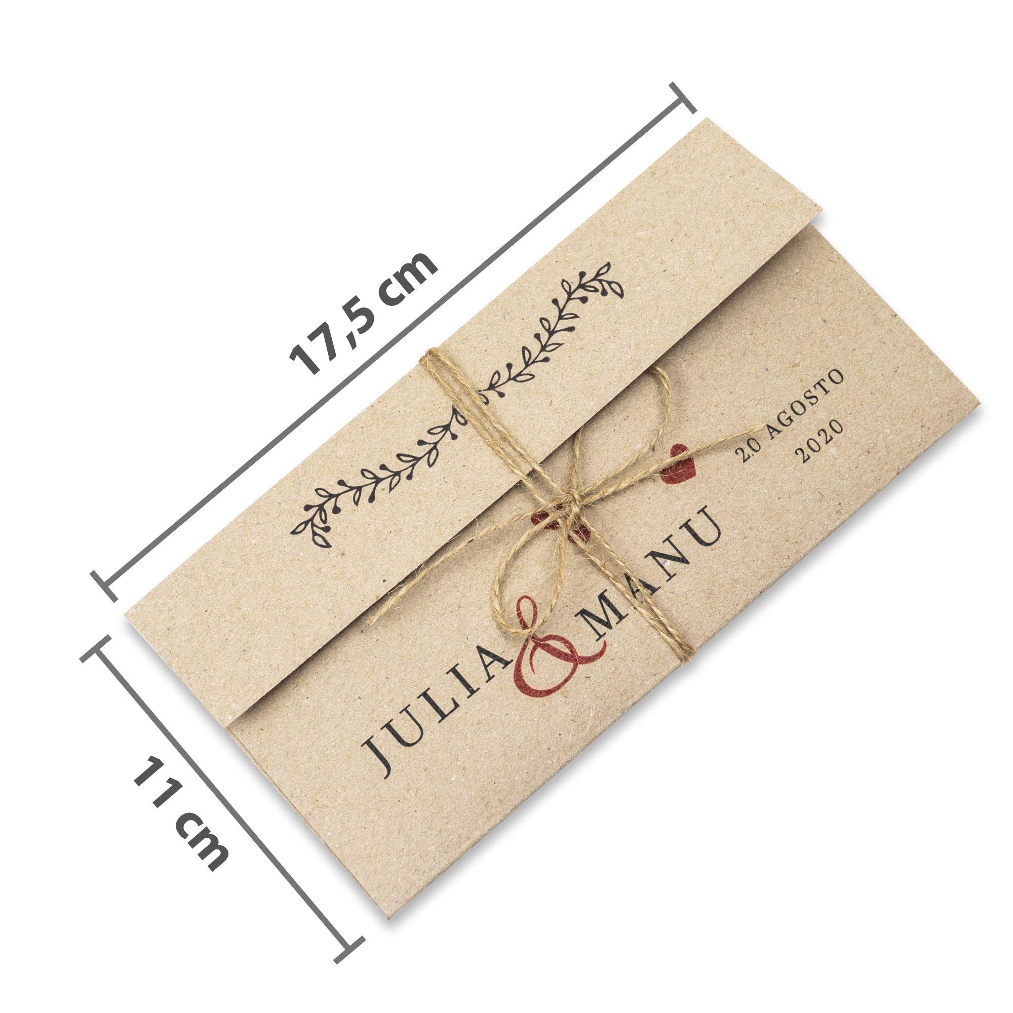 50 Sobres Invitación Boda Personalizados Originales + 50 hilos yute, impresos a medida con nombres, Papel reciclado kraft - 11x17,5 cm, para tarjetas, felicitaciones e invitación