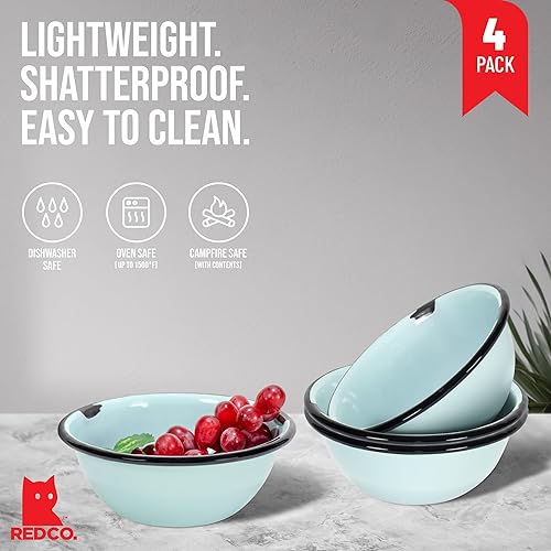 Miniatura 2 de Red Co. Juego de 4 cuencos redondos esmaltados de metal clásico de 20 onzas, color aguamarina envejecido/borde negro