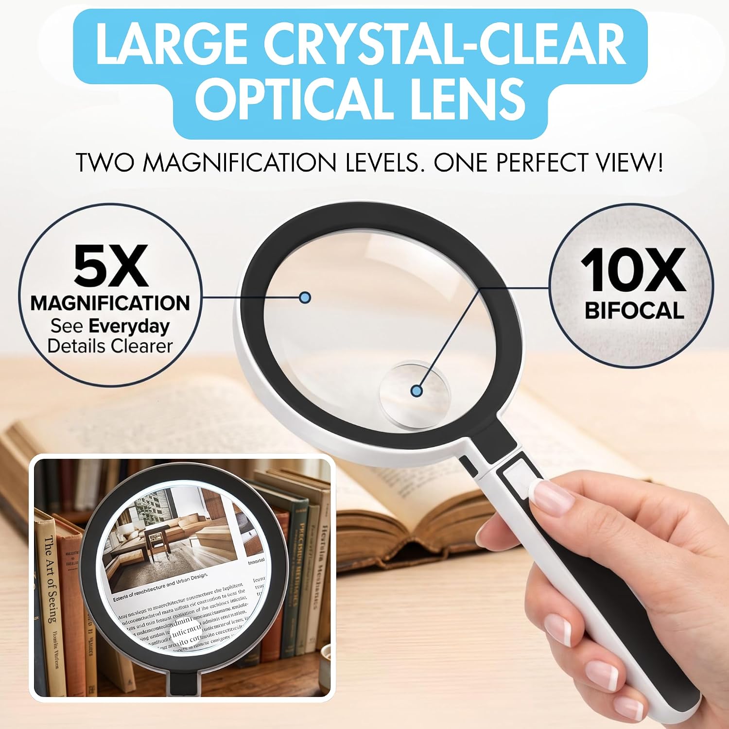 5X/10X Large 4.5" Magnifying Glass with Light & Detachable Stand image 4