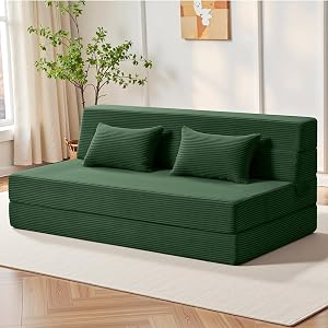 Youzi Folding Sofa Bed Convertible Sleeper Chair with Pillow, 4-in-1 Foldable Mattress Futon Couch Bed to Lounge Chair for Living Room, Bedroom, Dorm & Guest, Washable Cover, Green, Queen