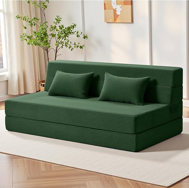 Youzi Lit de canapé pliant chaise convertible avec oreiller, 4-in-1 Matelas pliable Futon Couch Lit à Lounge Chaise pour salon, Chambre, Dorm & Invité, Couverture lavable, Vert, Reine