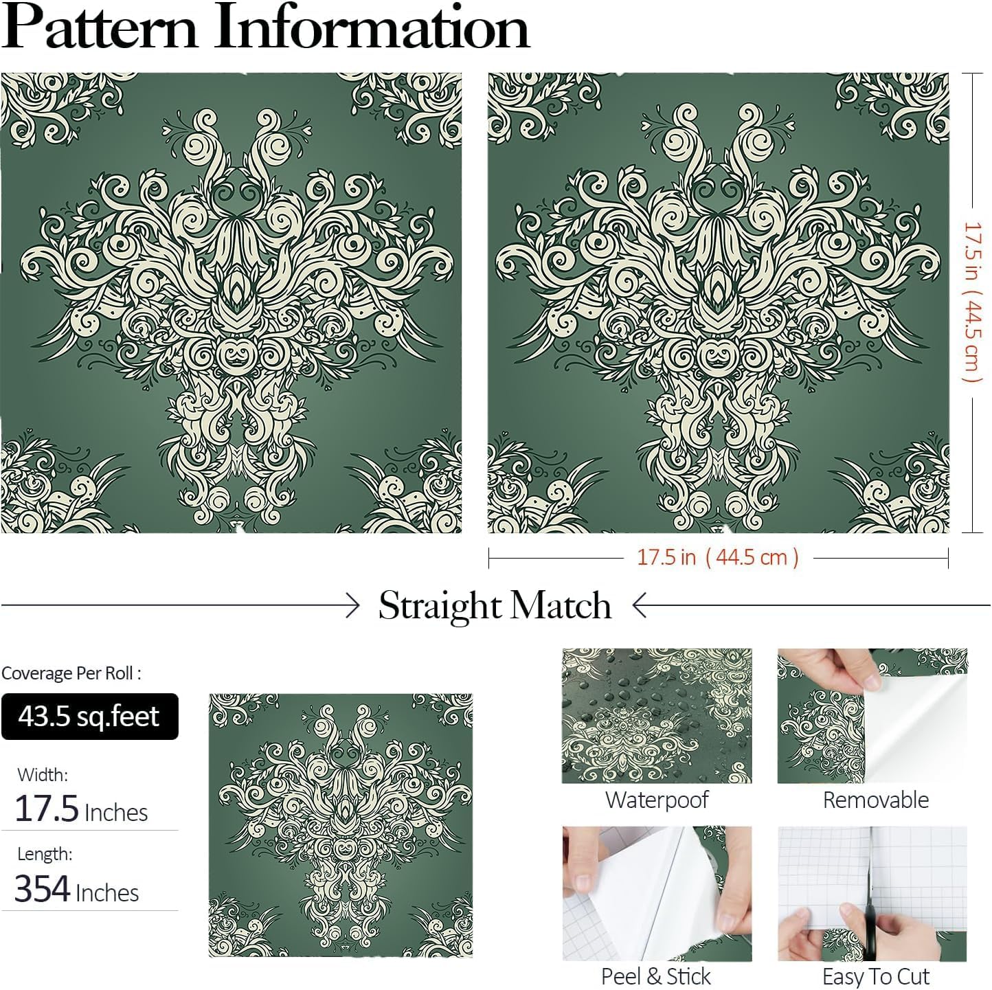 FunStick 17.5"x354" Vintage Dark Green Damask Peel and Stick Wallpaper Victorian Beige Floral Self Adhesive Wallpaper for Bedroom Living Room Walls Decorative Green Contact Paper for Cabinets Drawers