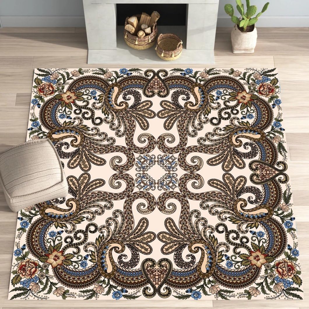 Vintage Classical Area Rug 3x3 Blue Green Paisley Floral Rugs for Living Room Dining Room Washable Home Office Square Carpet Soft Wool Soft Kitchen