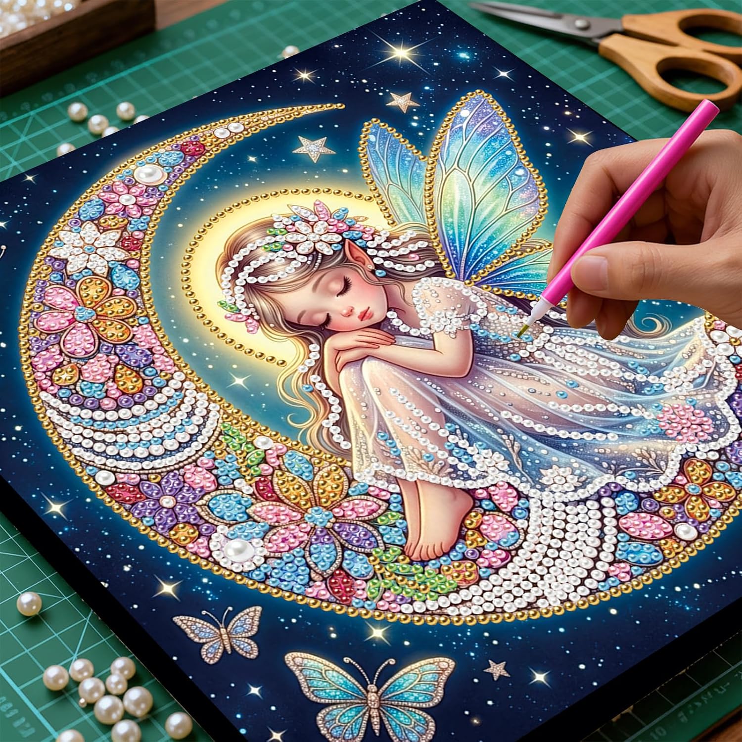 Sulunmo with Frame Diamond Art Kits for Adults,5D Pearl Art Diamond Painting Kits for Beginners,DIY Diamond Dots Pearl Paintings Picture Arts Craft for Adults,Home Wall Decor (Moon Fairy) 25 * 25cm