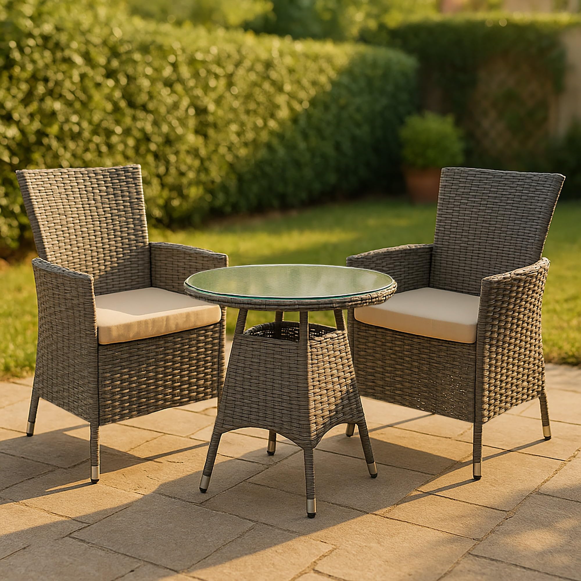 CLP Gartenmöbel-Set Fireda, 3-teilige Sitzgarnitur, aus PE-Rattan, mit Couchtisch, inkl. Sitzkissen & Tischplatte aus Sicherheitsglas, Farbe:grau-meliert