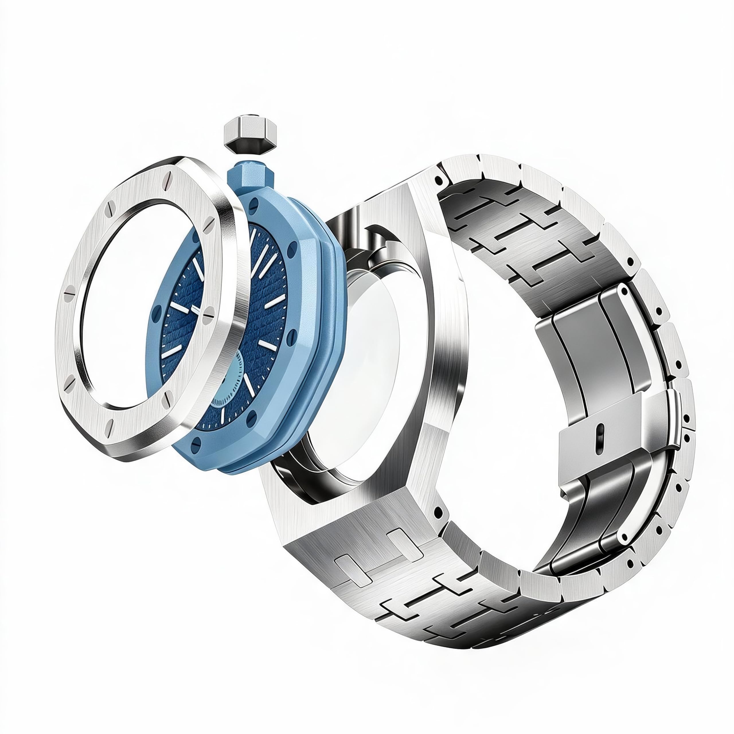 Compatible with Swatch Royal Pop Stainless Steel Watch Strap All‑around Aluminum Mod Case Full‑Cover Bezel & CrownButterfly Clasp Quick‑Release Mod Kit 12 o'clock/Case+Watch Strap (Silver) royal pop(Watch not included)