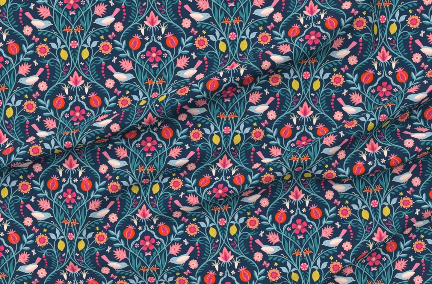 Spoonflower Fabric - Modern Damask Pink Blue Bird Butterflies Red Floral Fruit Folk Art Printed on Organic Cotton Sateen Fabric by The Yard - Sewing Quilting Apparel Home Decor