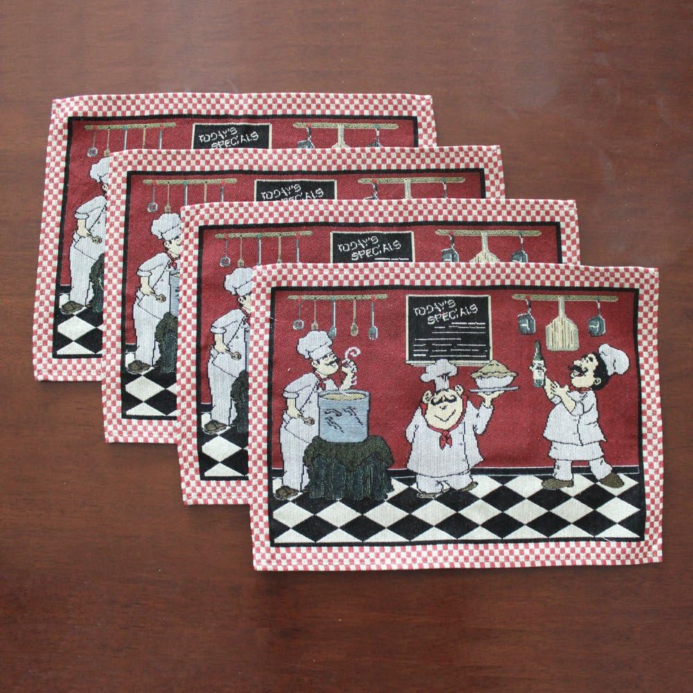 KEPSWET Cotton Linen Chef 1 Table Runner and 4 Placemats Value Pack for Dining Table Kitchen Accessories Table Mats Set (Red)