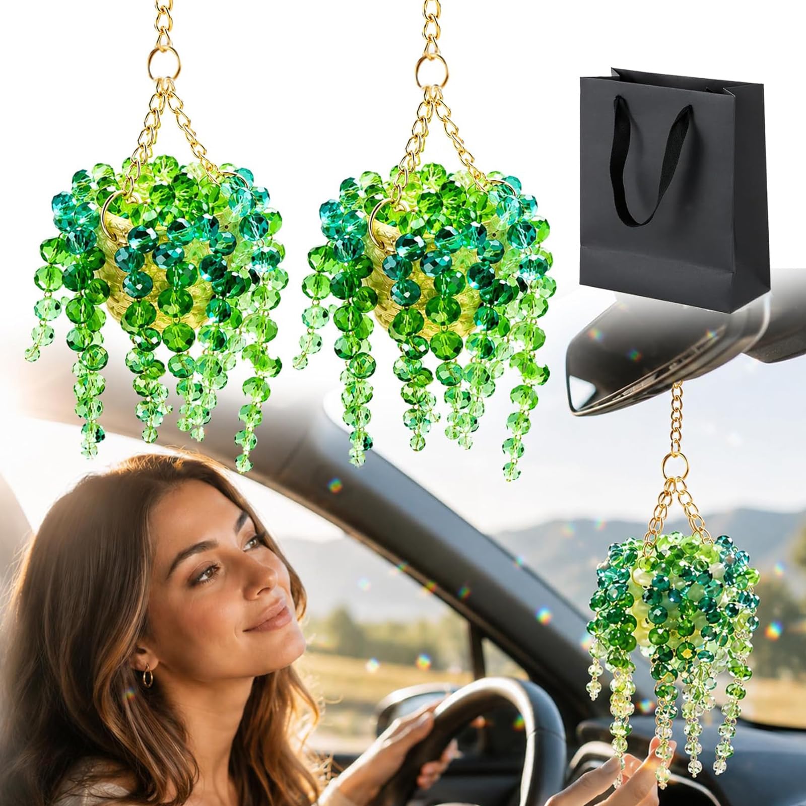 CRGANGZY 2PCS Sun-Kissed Beaded Succulent Car Charm, Crystal Sun Plant Hanger with Beads for Rearview Mirror, Beaded Plant Suncatcher High-temperature Resistance for Home Garden Cars Decor