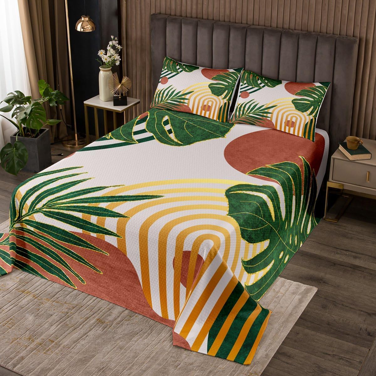 Boho Mid Century Bedspread King Size,Abstract Modern Minimalist Leaf Coverlet Set 3pcs,Geometric Sun Leaf Quilted Coverlet with 2 Pillowcases,Kids Boys Room Decor,Soft Bedding Quilt
