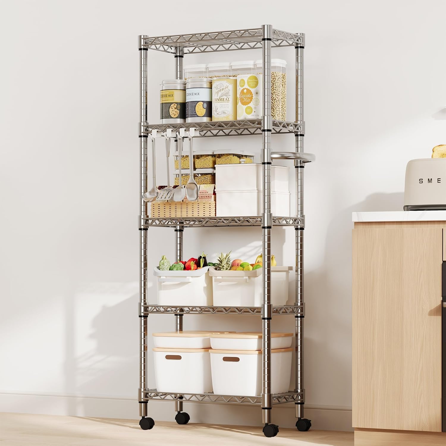 GAOMON Metal Storage Shelves with Wheels, Wire Shelving Units Adjustable & Heavy Duty Load 1100LBS, Rolling Metal Shelf Rack for Kitchen Home Office Garage, 23.6" L x 11.8" W x 61" H, Silver
