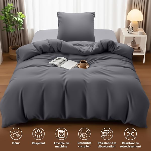 Utopia Bedding Housse de Couette 1 Personne 140x200 cm avec 1 Taie d'oreiller 65x65 cm (Gris) - Parure de lit 1 Personne 140 x 200 cm - Ensembles de Housses de Couette en Microfibre brossée Douce - 5