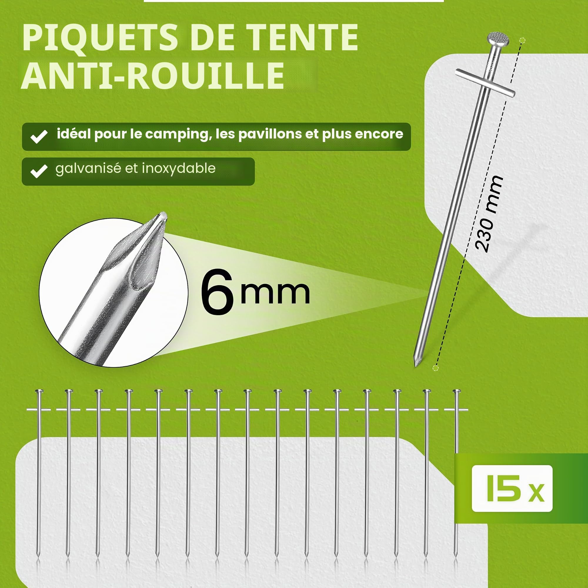 Balinco Piquets de Fond de Roche Vert/argenté Ø 6 mm, Longueur 230 mm - T-Profil | ancrages dans Le Sol Fixation au Sol Rocheux | piquets | Sardines