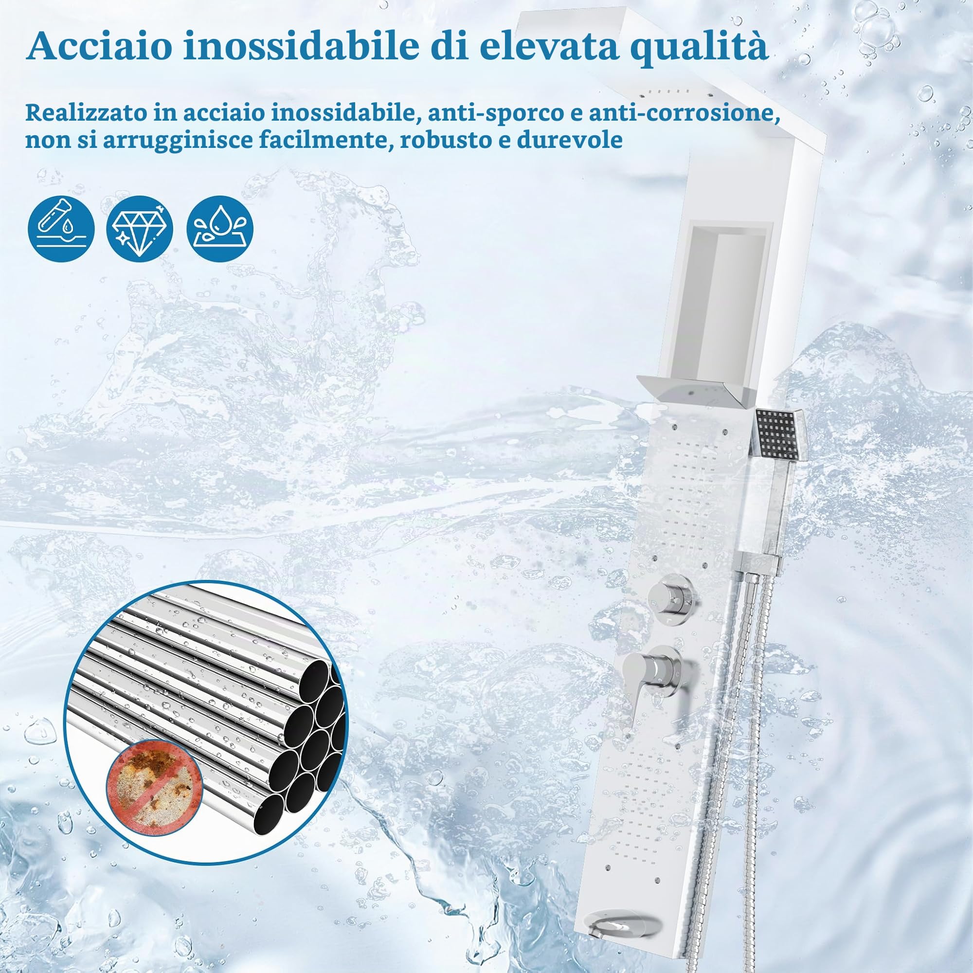 LZQ Pannello doccia in acciaio inox, sistema doccia a 5 funzioni, con doccia a pioggia, cascata, 2 getti massaggianti, doccetta e beccuccio, set doccia montato a parete (bianco)