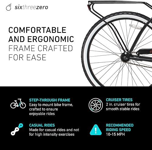 Miniatura 31 de sixthreezero Around The Block - Bicicleta de playa para hombre, bicicleta híbrida con soporte trasero Negro mate con asiento/agarraderas negras