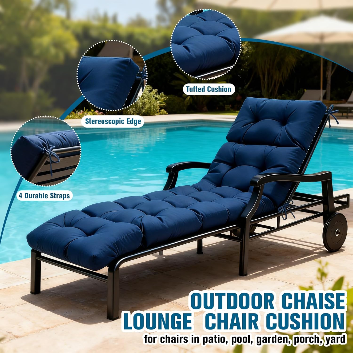 MTMR Chaise Lounge Chair Cushion Outdoor, Waterproof Seat Cushions for Patio Furniture, Non-Slip Outdoor Replacement Pad for Lawn Pool Wicker Couch Loveseat, Thick Long Lounge Cushion, Navy Blue
