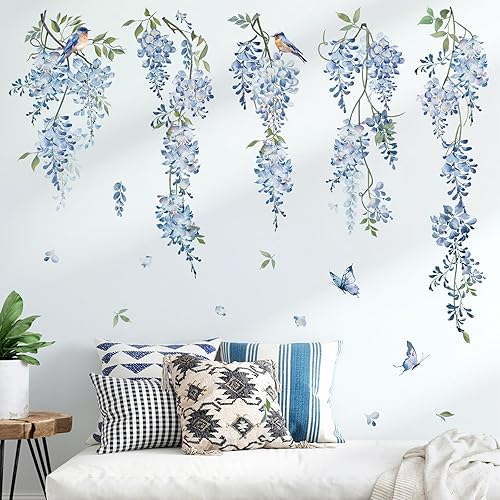 Miniatura 2 de decalmile Hanging Flower Vine Wall Decal Blue Wisteria Floral Vines Wall Stickers Living Room Bedroom Sofa TV Background Wall Decor