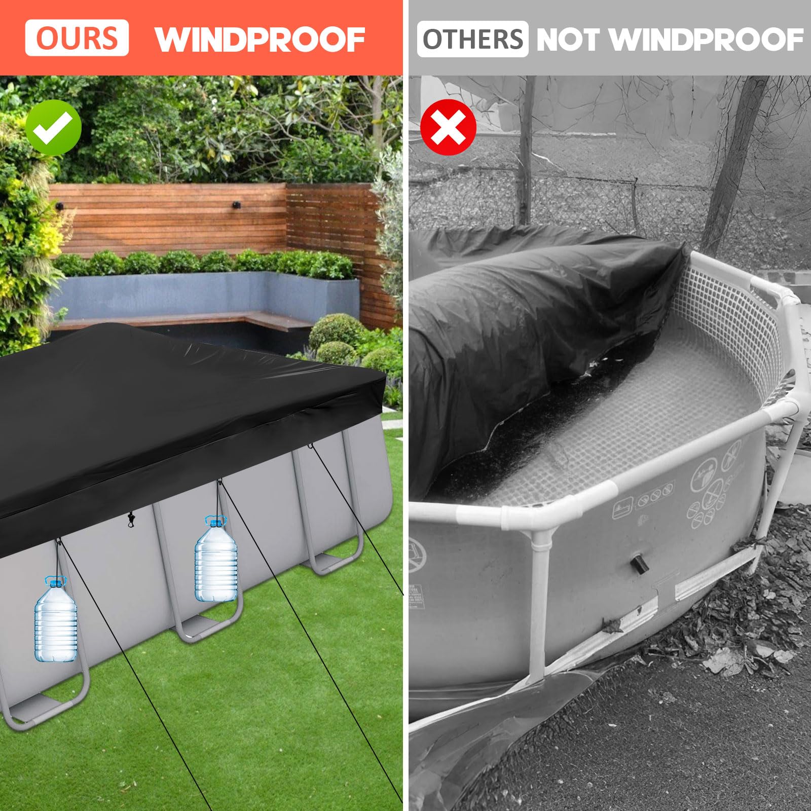 Telo Piscina Rettangolare 420D 305x205x30cm 300x200cm con Cordino | Nero, con cordino e picchetti da terra, impermeabile, anti-UV, resistente agli strappi, estate/inverno, per INTEX e BESTWAY