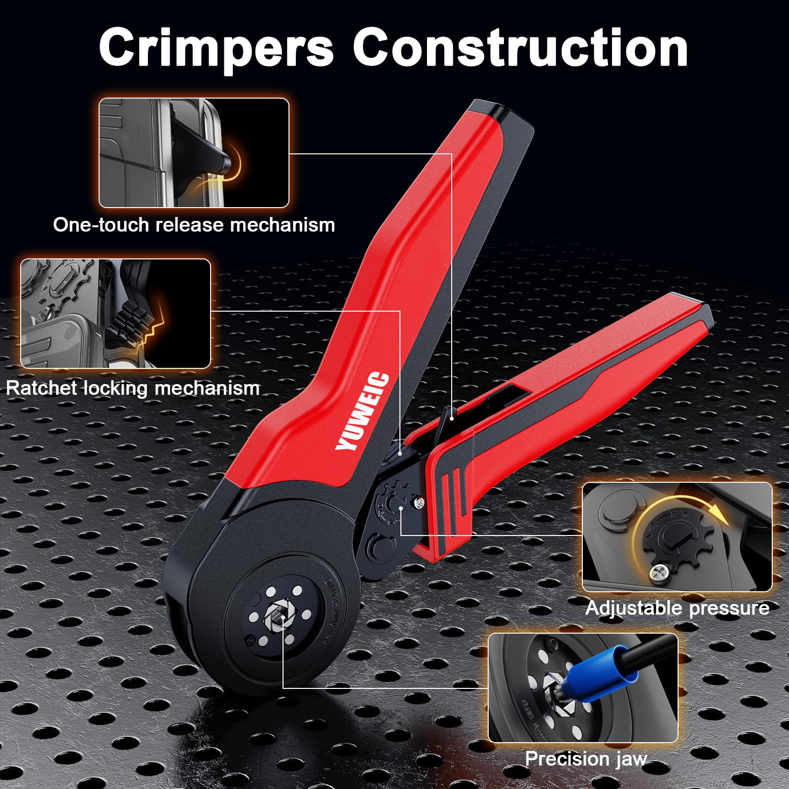 Kit di crimpatura con ghiera 0,08-16 mm² AWG 28-5, crimpatrice a cricchetto con 1400 puntali, set di crimpatura esagonale autoregolante, kit di crimpatura per terminali elettrici con custodia