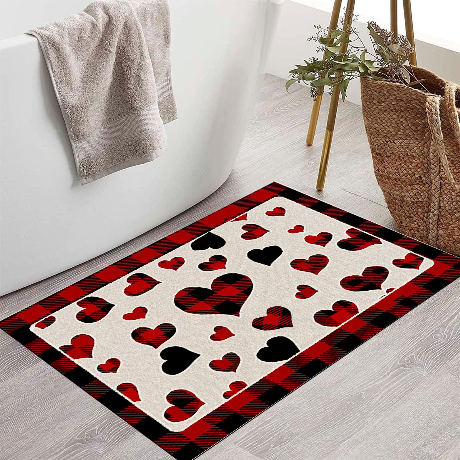 Schmutzfangmatte Innen, Retro-Büffelkaro-Herz Waschbarer Fussmatte, Dünne Fussmatte, Geometrisches Land Teppiche Niedriger Flor rutschfest Für Flur Eingangsbereich, 90X150Cm, Rot Schwarz