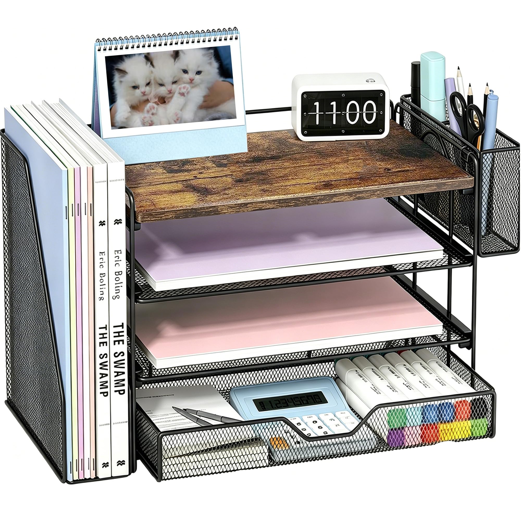 View 1 of ** does not come with all the pieces **
OPNICE Desk Organizer with Drawer and Pen Holders (Brown)