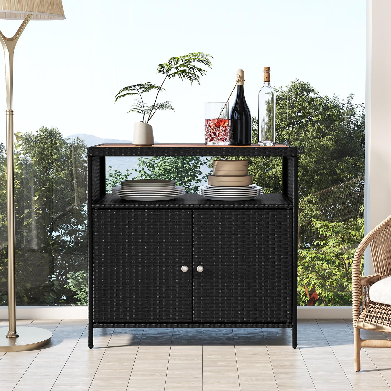 GIANTEX Armoire de jardin buffet en rotin avec plan de travail et étagère, armoire d'appoint pour jardin, balcon et piscine, 90 x 53 x 86 cm, noire