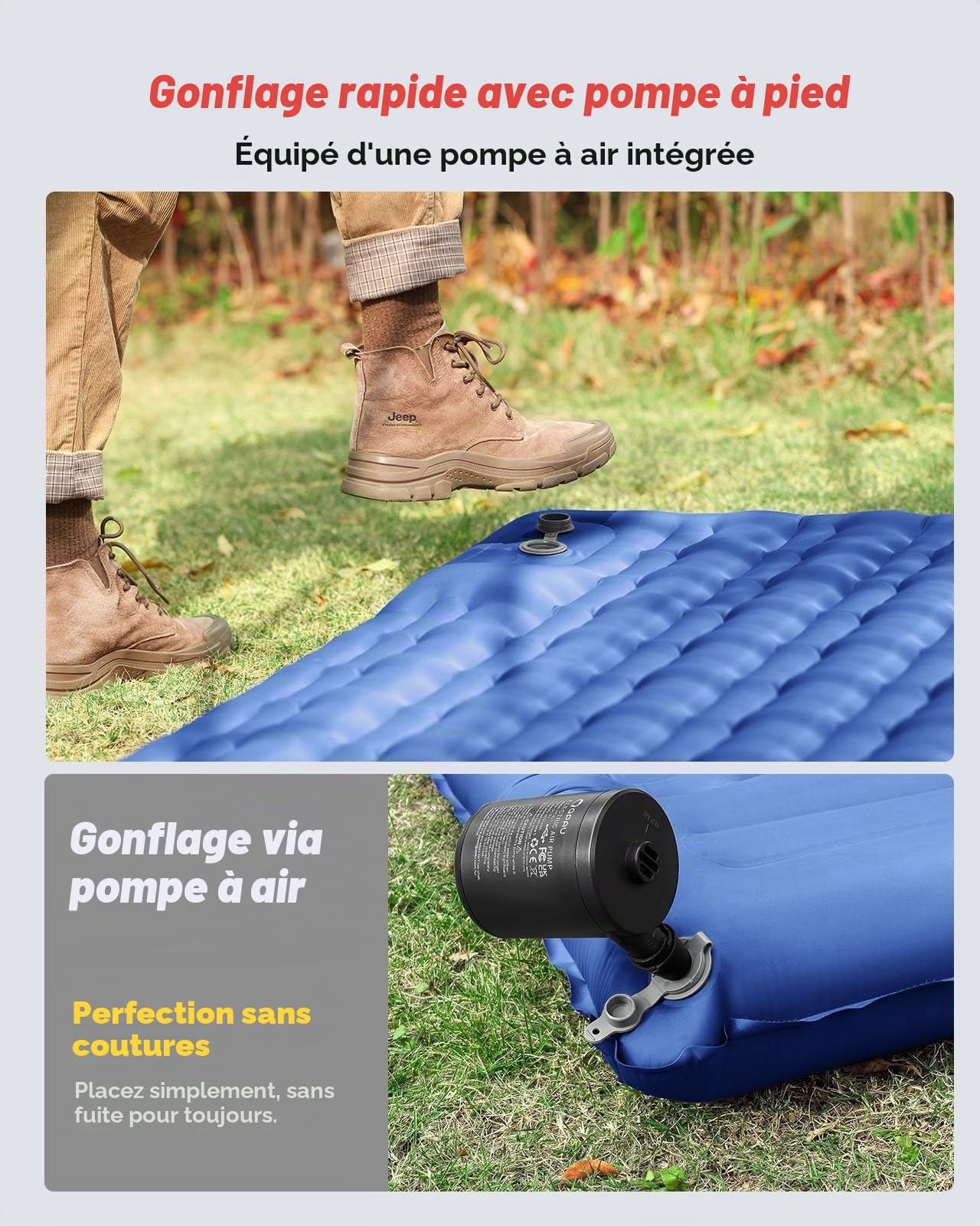Aedcbaide Matelas Autogonflant 12 Cm - Double Face 50D, Pompette Intégrée, Oreiller Inclus - Pour Camping, Randonnée, Voyage