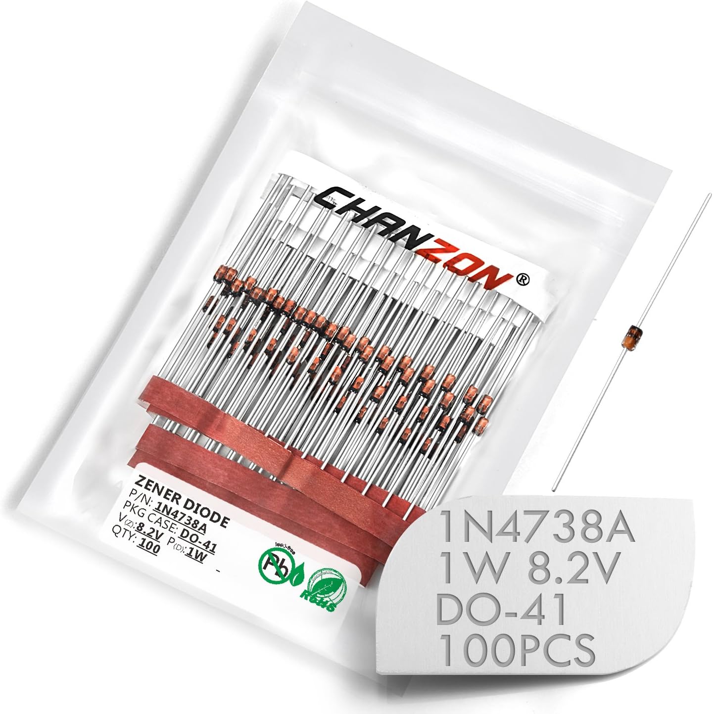 Chanzon 100pcs 1N4738A 1N4738 Power Zener Diode 1W 8.2V DO-41