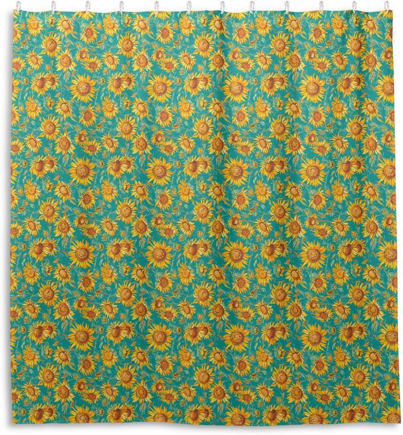 66x72 Inch Water Proof Material Curtain Bathroom with Hook Cartoon Sunflower Star Teal Polyester Long Washable Long Shower Curtain Liner for Shower