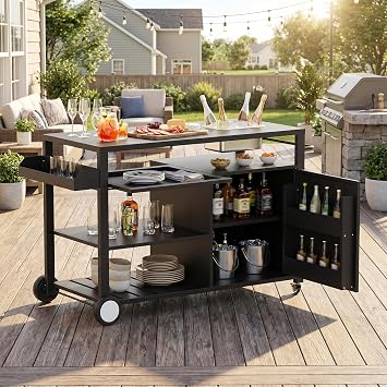 52 Inch Outdoor Grill Cart with 304 Stainless Steel Ice Bucket, Rolling Kitchen Bar Table Cart with Storage Cabinet and Pull Out Shelf, Black Movable Kitchen Island on Wheels for Backyard