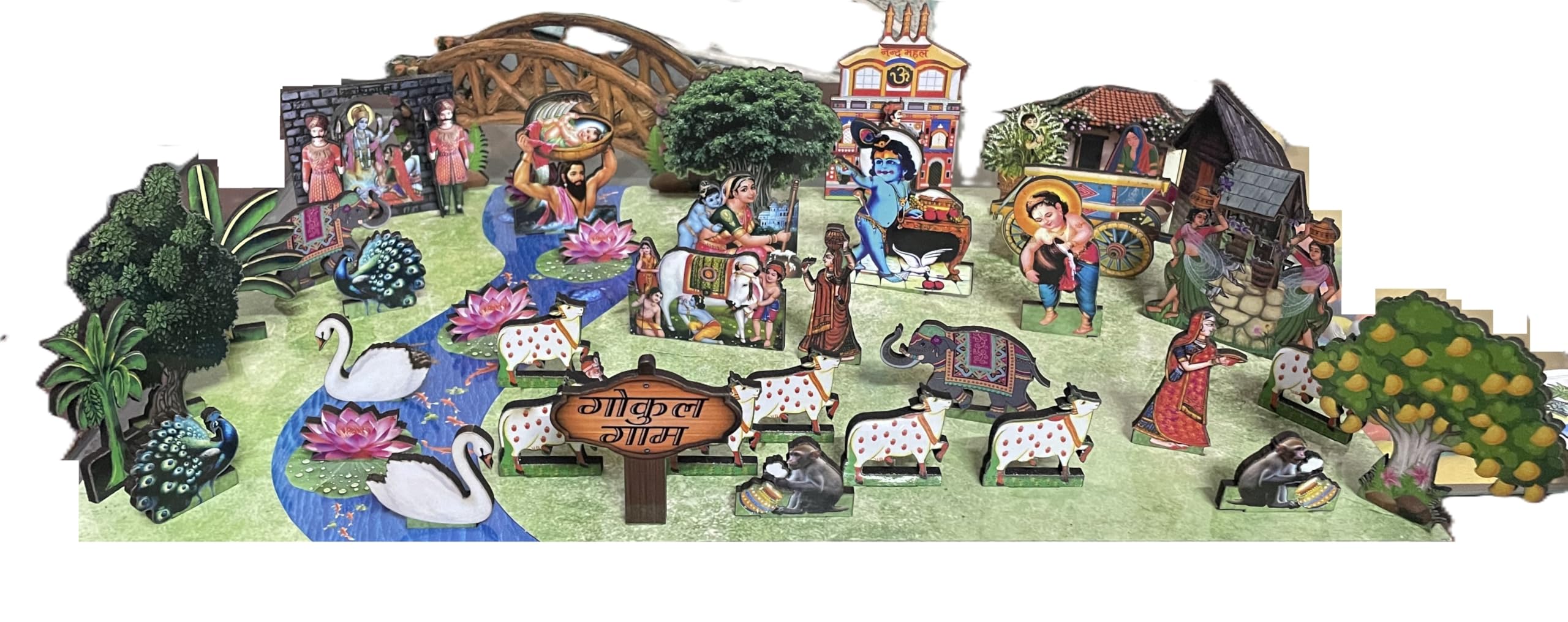 Krishna Gokul's Dham Village Diorama 3D View, Traditional Indian Cultural Scene, Decorative Display Set 18 x12 Inch-picture-22