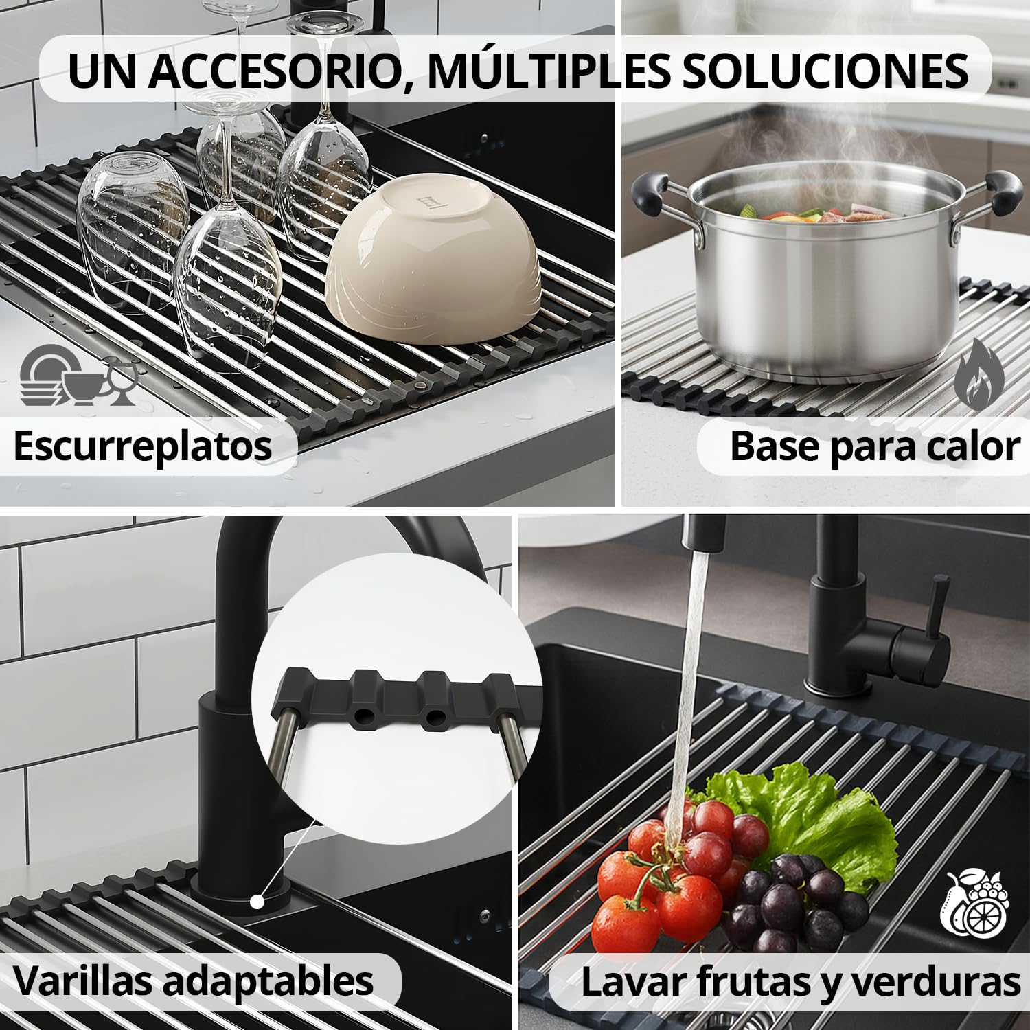 Escurreplatos sobre Fregadero + Soporte Estropajo, Escurridor de Platos y Verduras para Fregadero Plegable y Enrollable (43x35cm), Acero Inoxidable SUS 304 y Silicona, Base Resistente al Calor