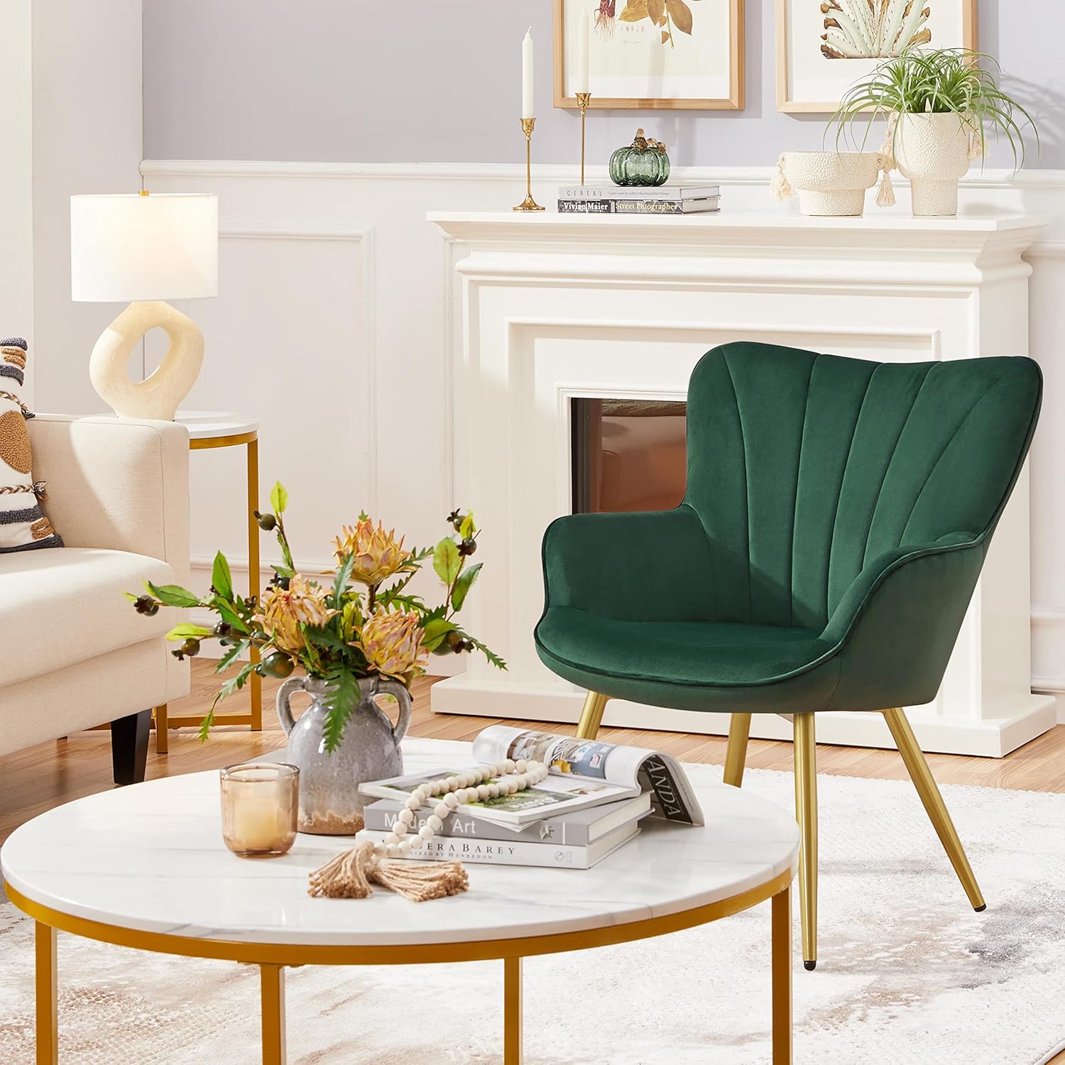Yaheetech Velvet Accent Chair, Modern Armchair Vanity Chair with Wing Side and Metal Legs, Cozy and Soft Padded and High Back for Living Room/Makeup/Office/Bedroom, Green