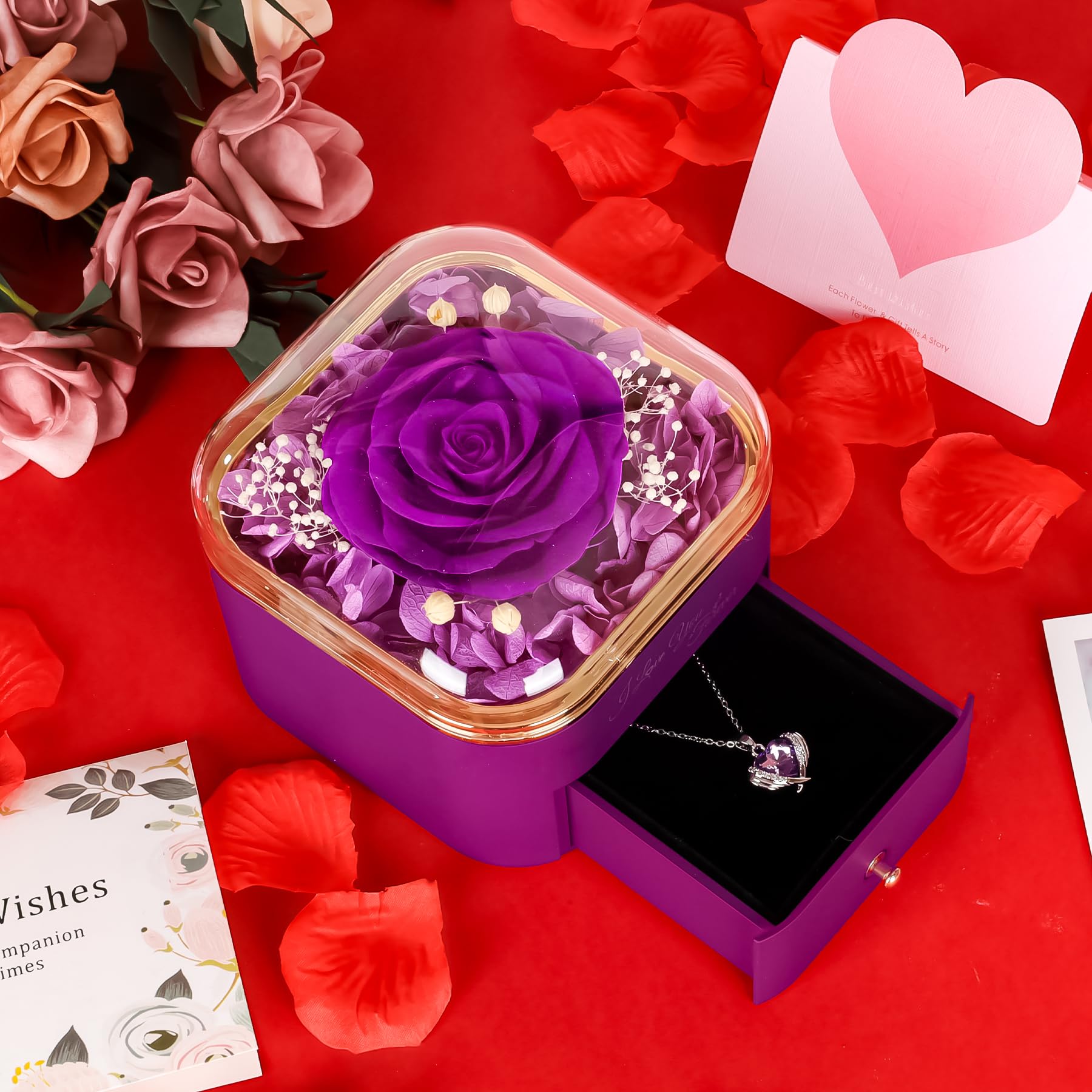NEWUPZSI Echte eeuwige rozen sieraden met blauw geconserveerde rozen en dames kristal hart halsketting geschenken voor haar op Valentijnsdag en Kerstmis