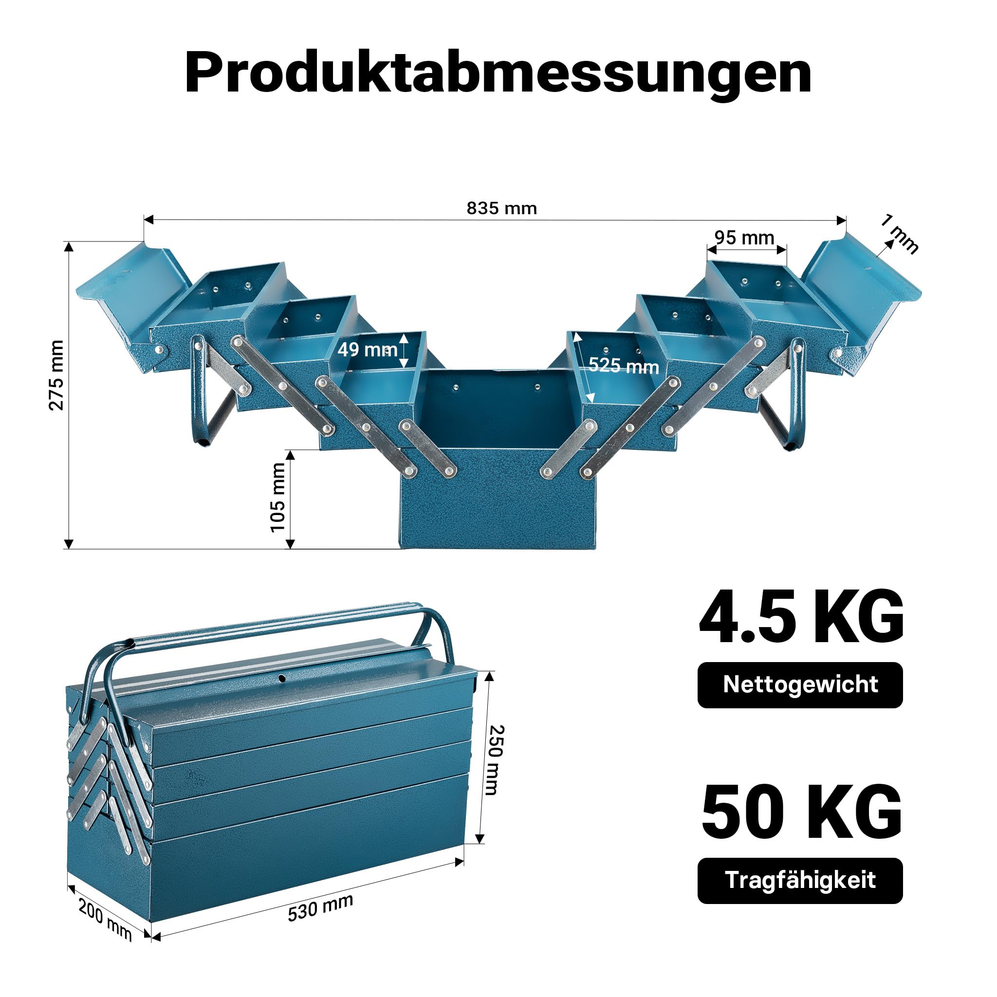 Wiltec Werkzeugkiste 530x200x250mm aus Stahl mit 7 Fächern, beständiger Werkzeugkasten mit Handgriff, Werkzeugbox