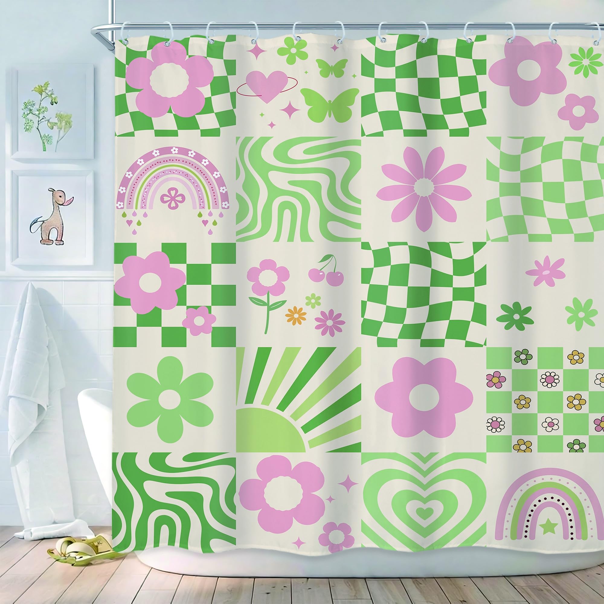 Newsely Retro Cute Green Pink Flower Shower Curtain 72Wx72H Inch Abstract 70s Danish Pastel Checkered Rainbow Groovy Shower Curtain Bathroom Set Girls