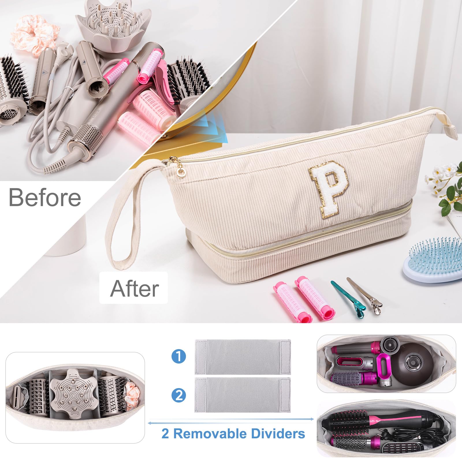 Estuche para secador de pelo personalizado con inicial, estuche de transporte de doble capa para herramientas de pelo Shark FlexStyle/SmoothStyle con bolsa para secador de pelo, organizador de viaje