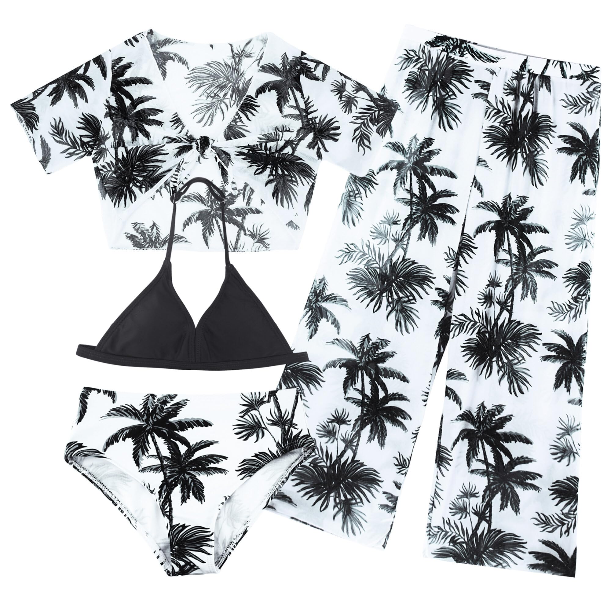 AIEOE 4 Piezas Traje de Baño Bikini Conjunto Niñas con Tropical Print Protección Solar Bañador con Pantalones 8-12 Años