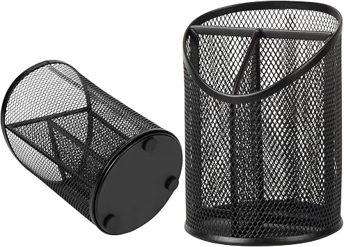 Delifox 2 Pack Pen Holder Mesh Round Pencil Holder Desktop Organizer 3 Compartments, Black