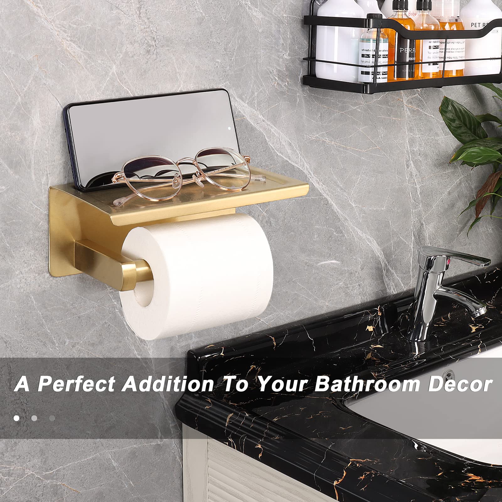 NearMoon Toilet Paper Holder with Shelf, Heavy Duty Bath Toilet Roll Holder with Phone Shelf Tissue Hanger for Bathroom/Kitchen No Drill or Wall Mounted(304 Stainless Steel, Brushed Gold) — Amazon image 5