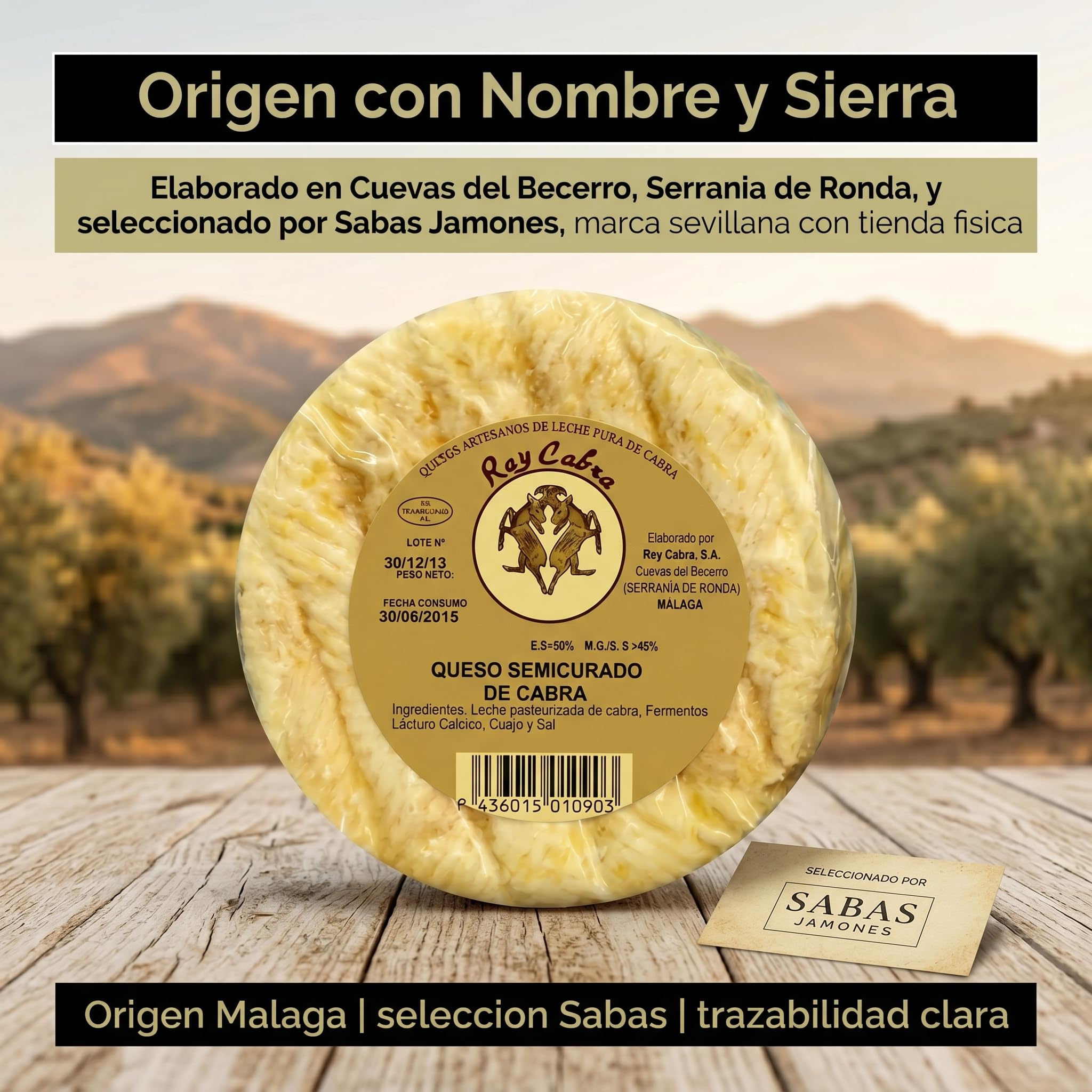 SABE A SABAS Queso Semicurado Rey Cabra Curado Artesano Pieza Entera 2 kg Leche Pasteurizada Sabor Suave y Afrutado Serrania de Ronda Ideal para Tabla Aperitivo Maridaje Regalo Tapas Sin Gluten