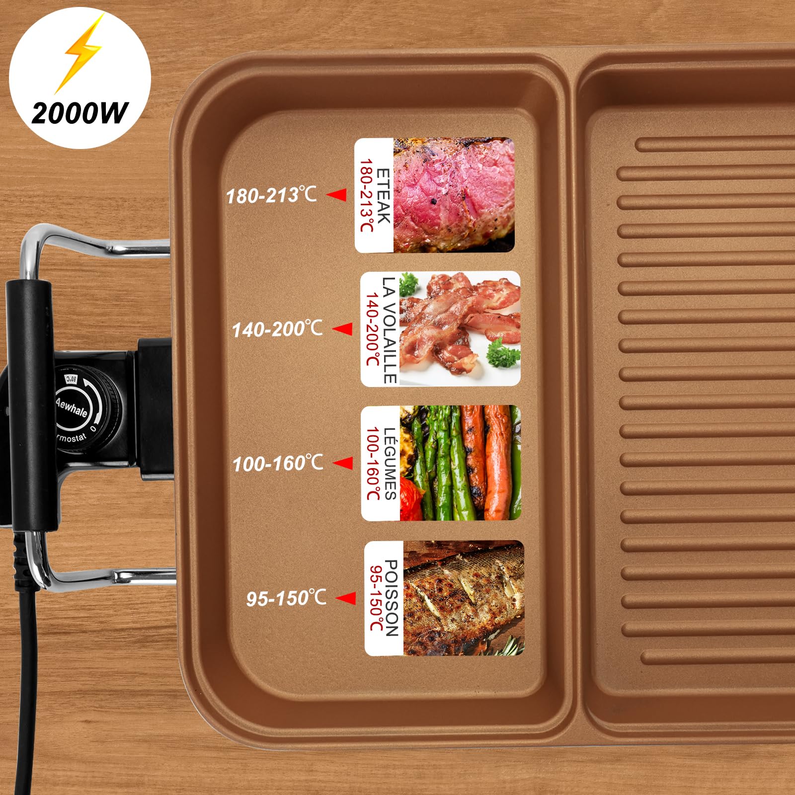 AEWHALE Plancha Électrique 3 en 1, 2000 W, Barbecue Electrique Doré | Convient à une Utilisation en Intérieur et en Extérieur, pour 6 Personnes, Facile à Nettoyer