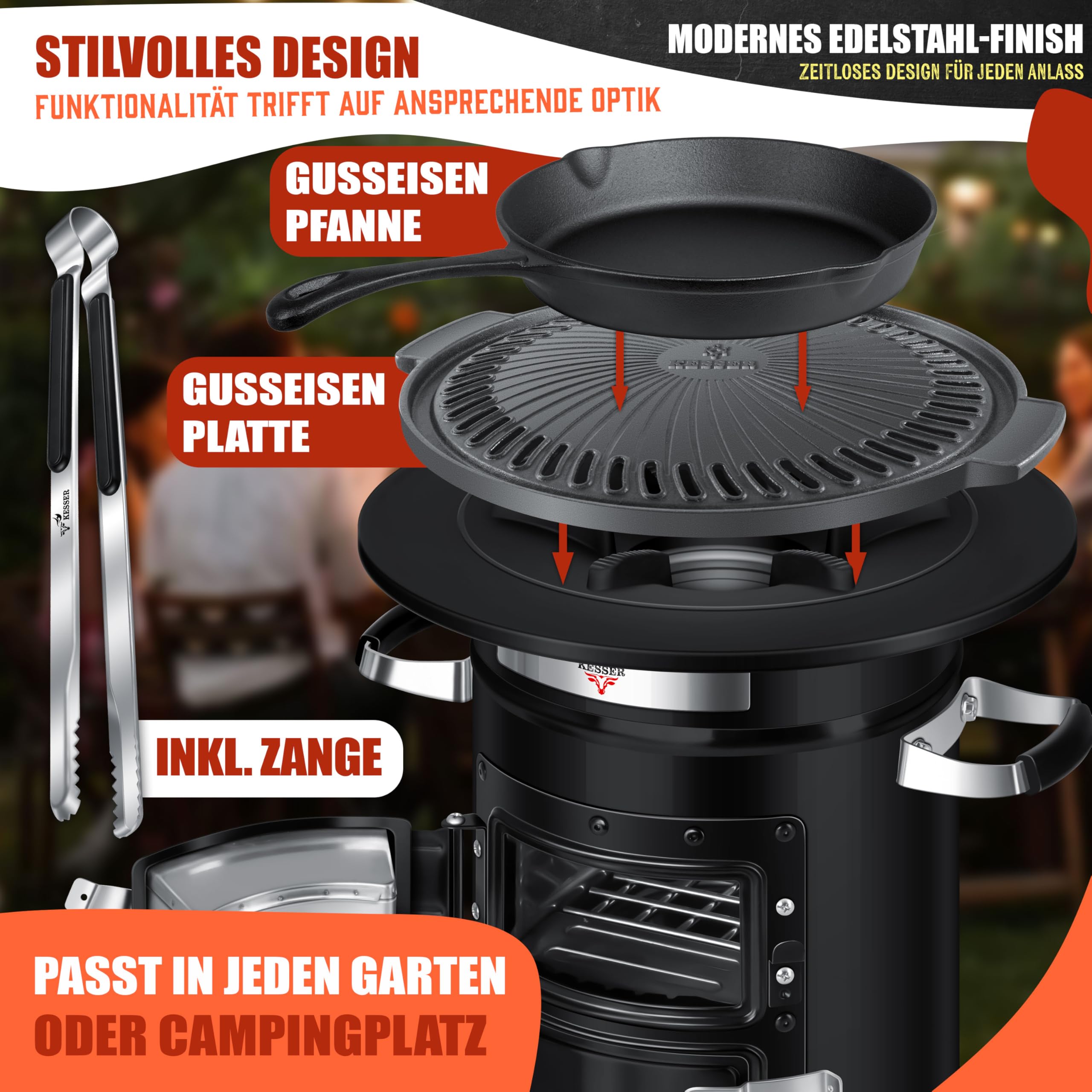 KESSER® Horno de Cohetes Con Sartén de Hierro Fundido, Parrilla, Pinzas y Bolsa de Transporte, Horno Holandés Para Barbacoa, Cohete de Leña, Camping, de Acero Inoxidable