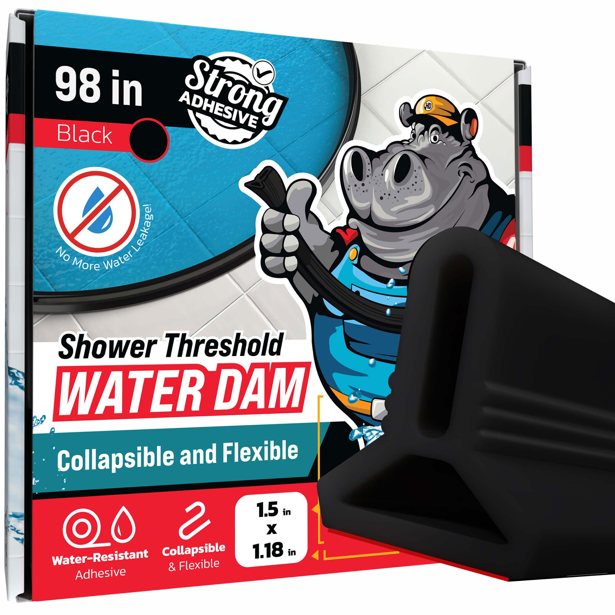 98" Black Shower Threshold Water Dam Barrier, 1.5" Tall Water Stopper Strip