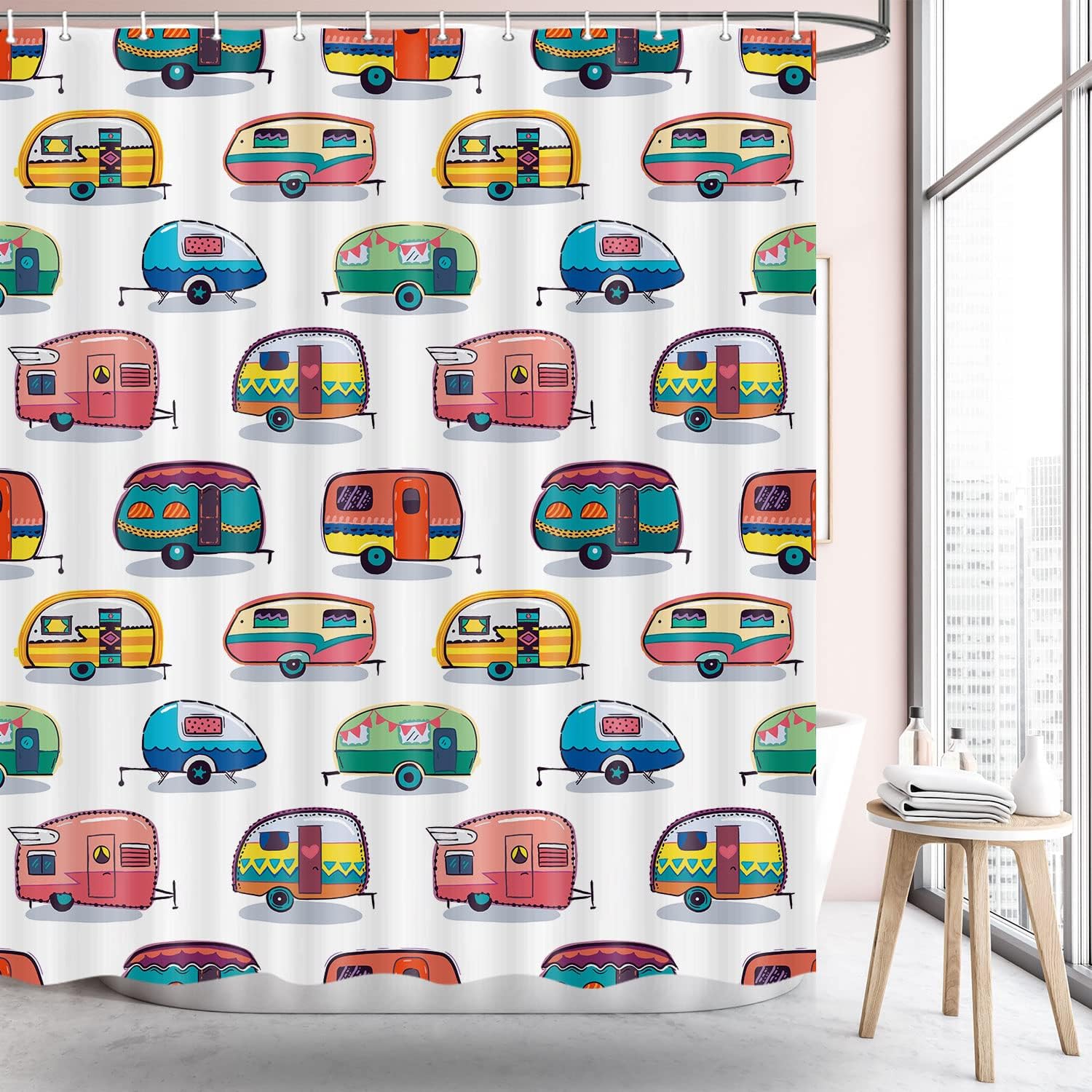 JAWO RV Shower Curtain for Camper Trailer Camping Bathroom, Retro RV Fun Camping, Happy Camper Stall Shower Curtain with Hooks Set, 69x84Inches