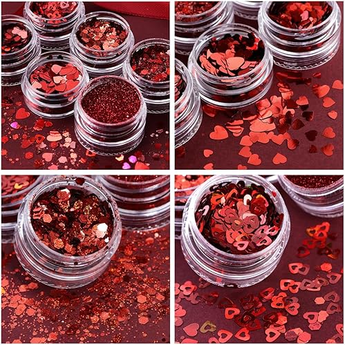 Miniatura 5 de Arte de uñas con purpurina y lentejuelas para el día de San Valentín, diseño de uñas de corazón rojo, diseño de uñas en polvo, hexágono, copos de