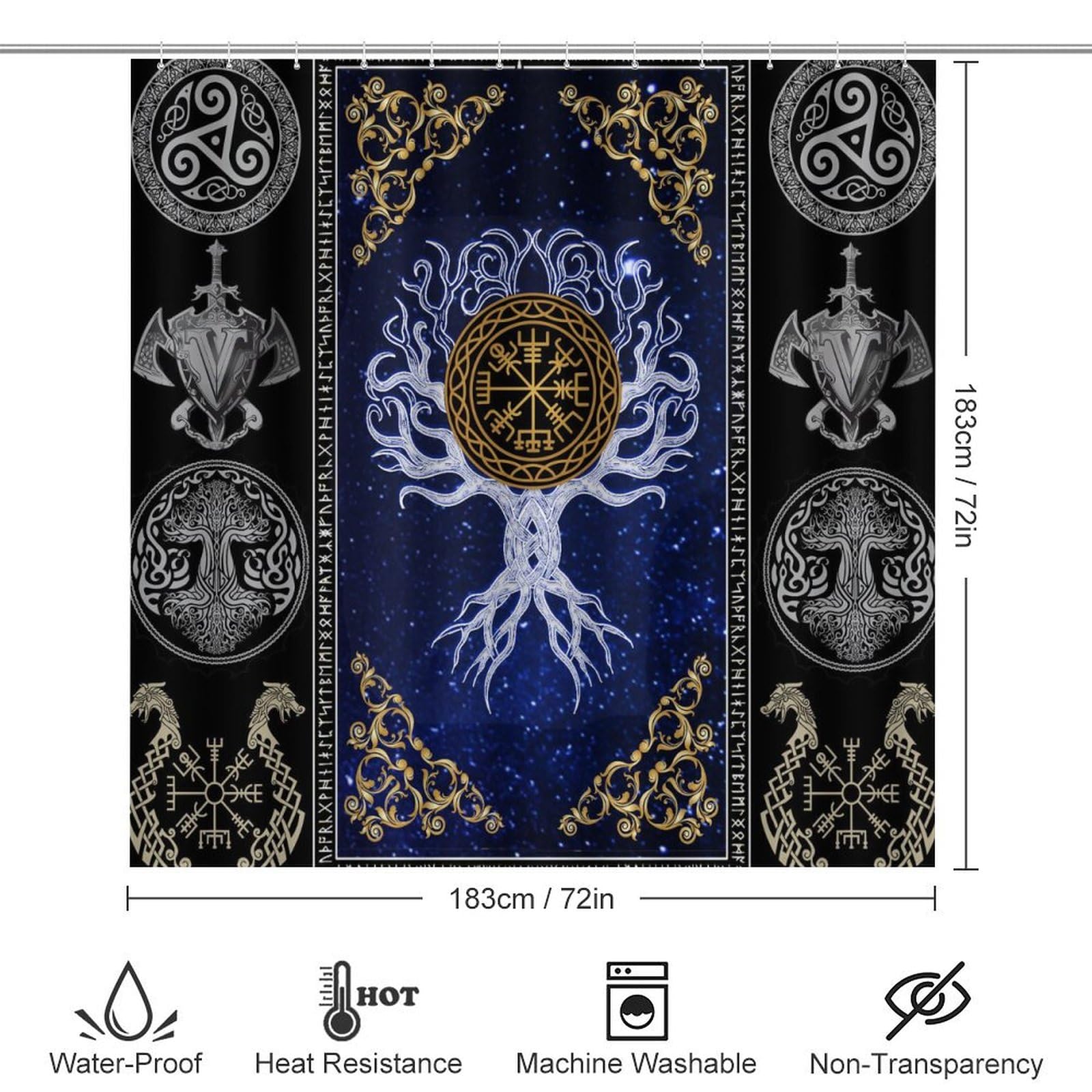 Abstract Ancient Vikings 4 Pcs Waterproof Shower Curtain Set,Retro Norse Mythology Mystical Symbol Tree of Life with Waterproof Toilet Cover Shower Mat Rugs