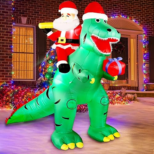 LEITAO Decoraciones inflables de Navidad de 7 pies, dinosaurio gigante de Papá Noel inflable con luz LED, caja de regalo para Navidad, interior,