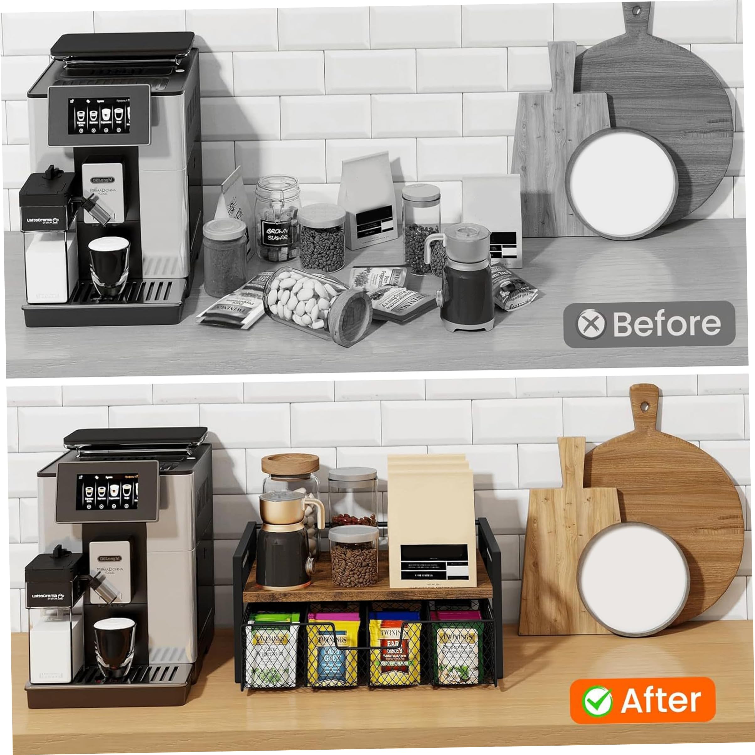 Kaffeestation-Organizer, 2-stöckige Teebeutel-Aufbewahrung mit ausziehbarer Schublade, Küchenarbeitsplatte für Pads und Teebeutel – Tigerholz und Schwarz, Kaffeestation-Organizer